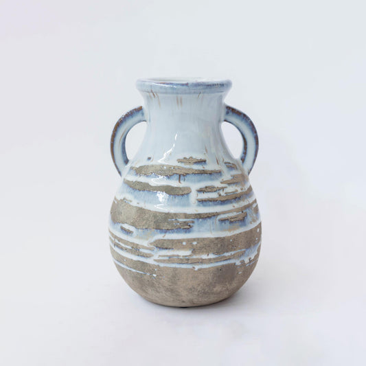 Ceramic With Handles Blue With Rustic Gray And Brown Stripes Vase