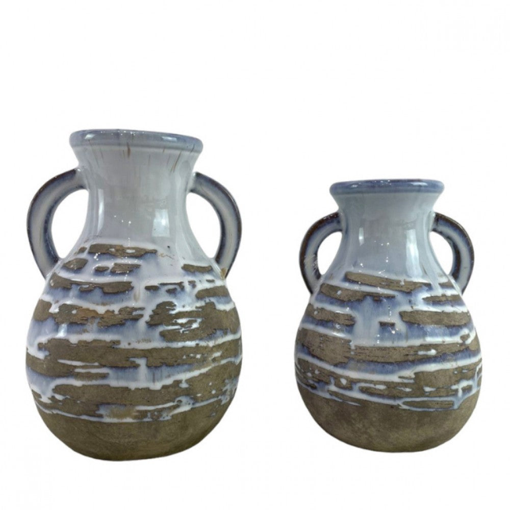 Ceramic With Handles Blue With Rustic Gray And Brown Stripes Vase
