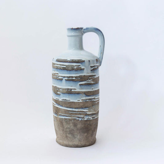 Tall Handled Blue With Brown And Gray Stripes Bud Vase