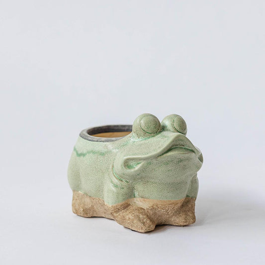 Light Green And Beige Frog Planter