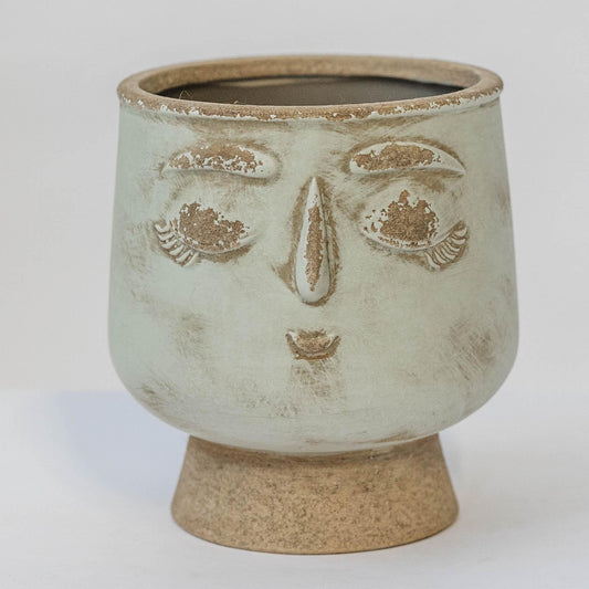 Rustic Light Green And Beige Ceramic Smilling Face Planter
