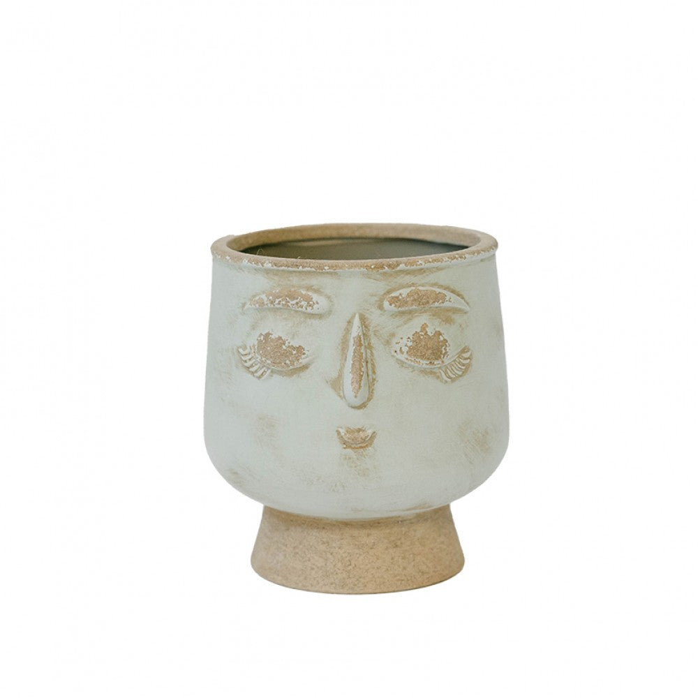 Rustic Light Green And Beige Ceramic Smilling Face Planter