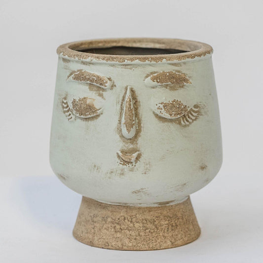 Light Green And Beige Ceramic Grinning Face Planter