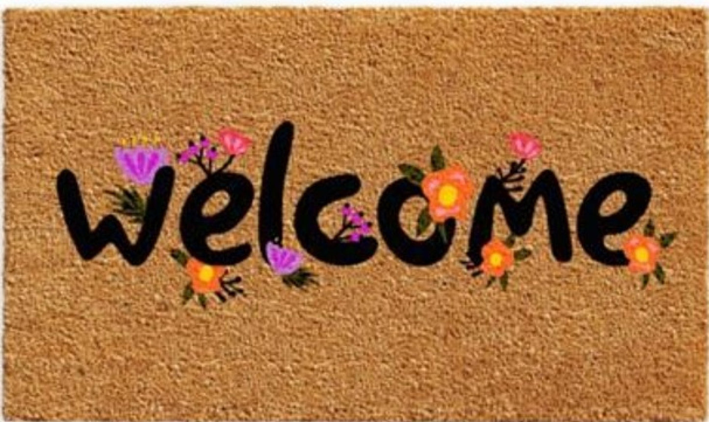 Welcome With Purple And Orange Flowers Doormat