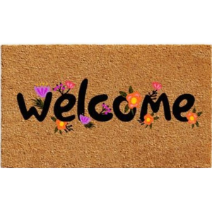 Welcome With Purple And Orange Flowers Doormat