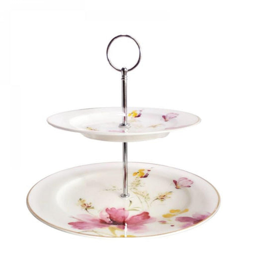 2 Tier With Delicate Flowers And Silver Handle Cake Stand