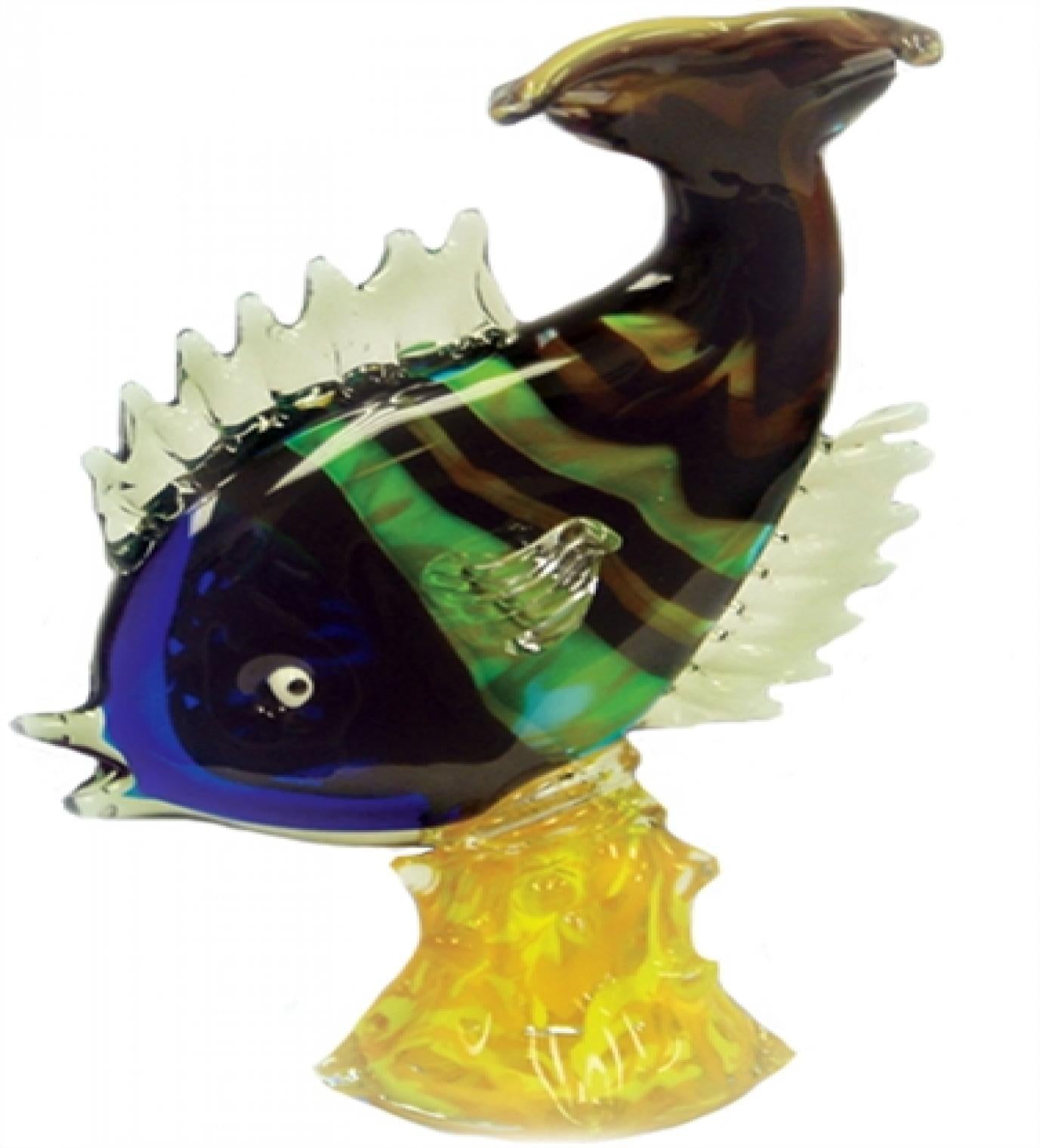 Hand Made Green,Blue,Brown And Clear Fish On A Yellow Base Figurine