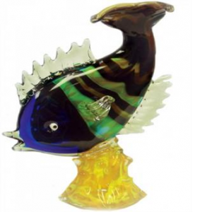 Hand Made Green,Blue,Brown And Clear Fish On A Yellow Base Figurine