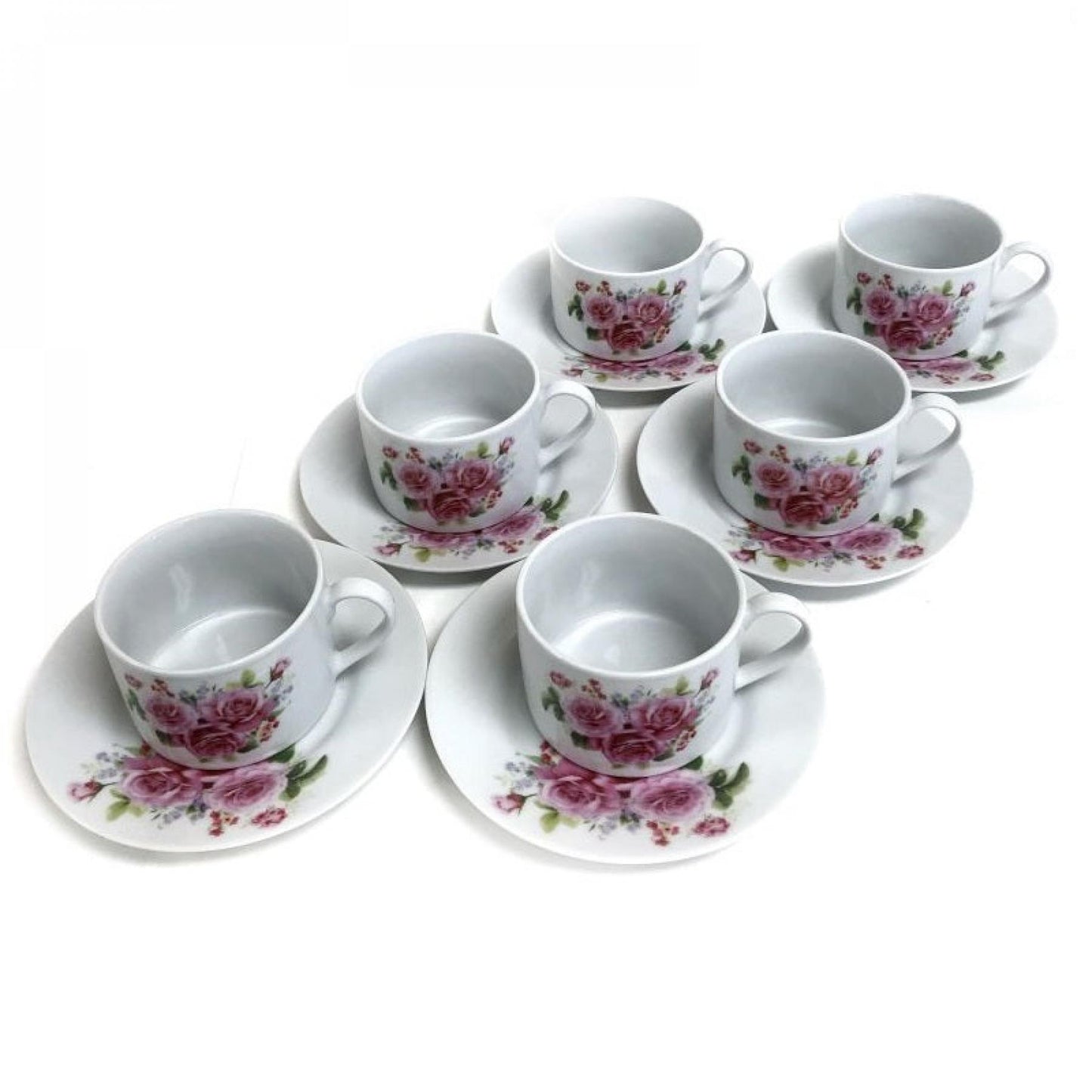 Set Of 6 Bouquet Of Pink Flowers Cup & Saucer