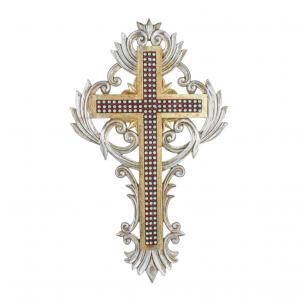 Gold Framed Cross On Ornate Silver Colored Background Wall Decor