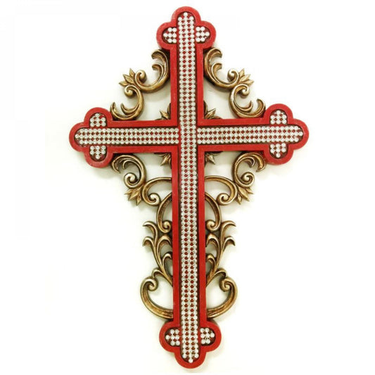 Redframed Cross On Ornate Goldr Colored Background Wall Decor