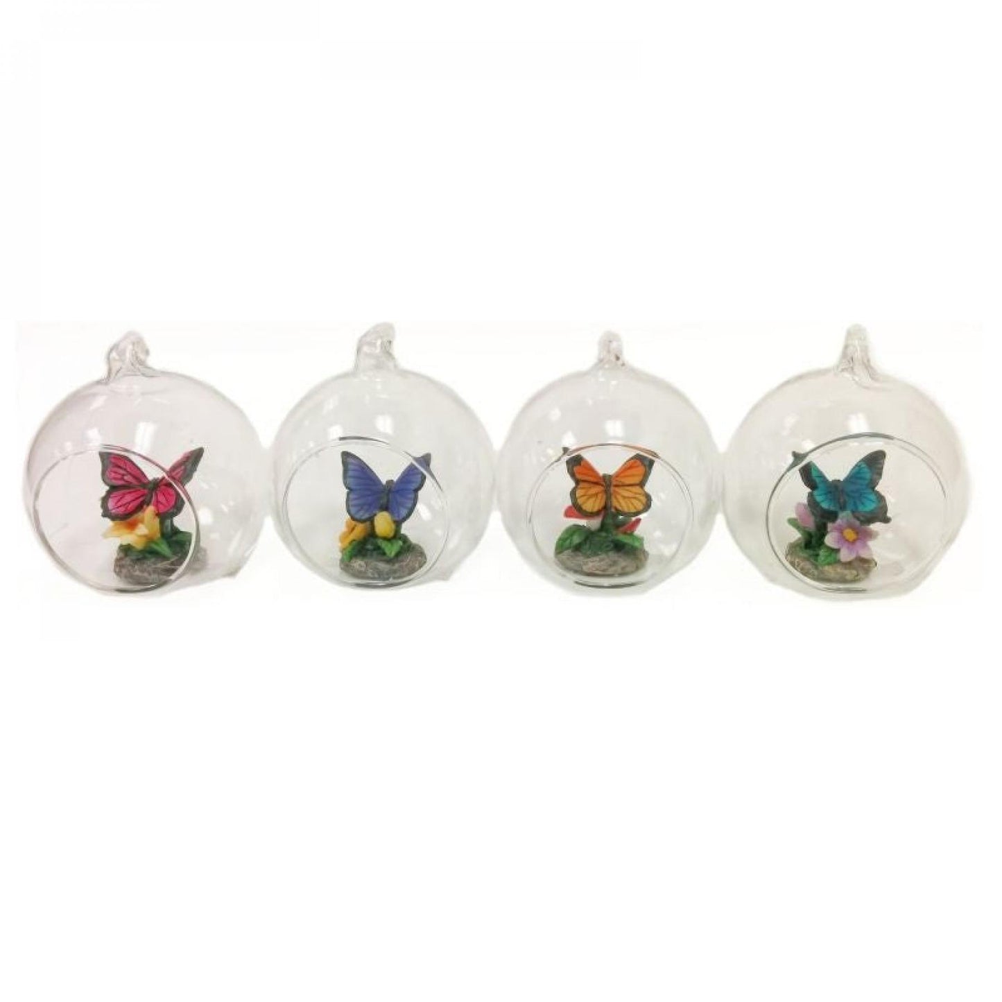 Set Of 4 Assorted Colored Butterflies In Glass Ball Ornaments