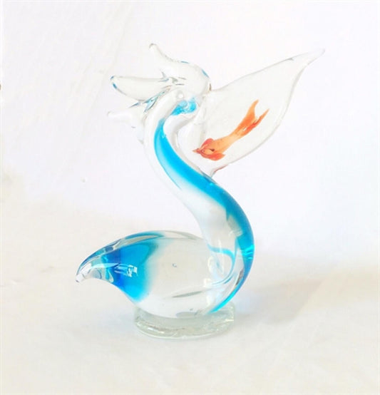 Blue And Clear Pelican With Orange Goldfish In Mouth Glass Figurine