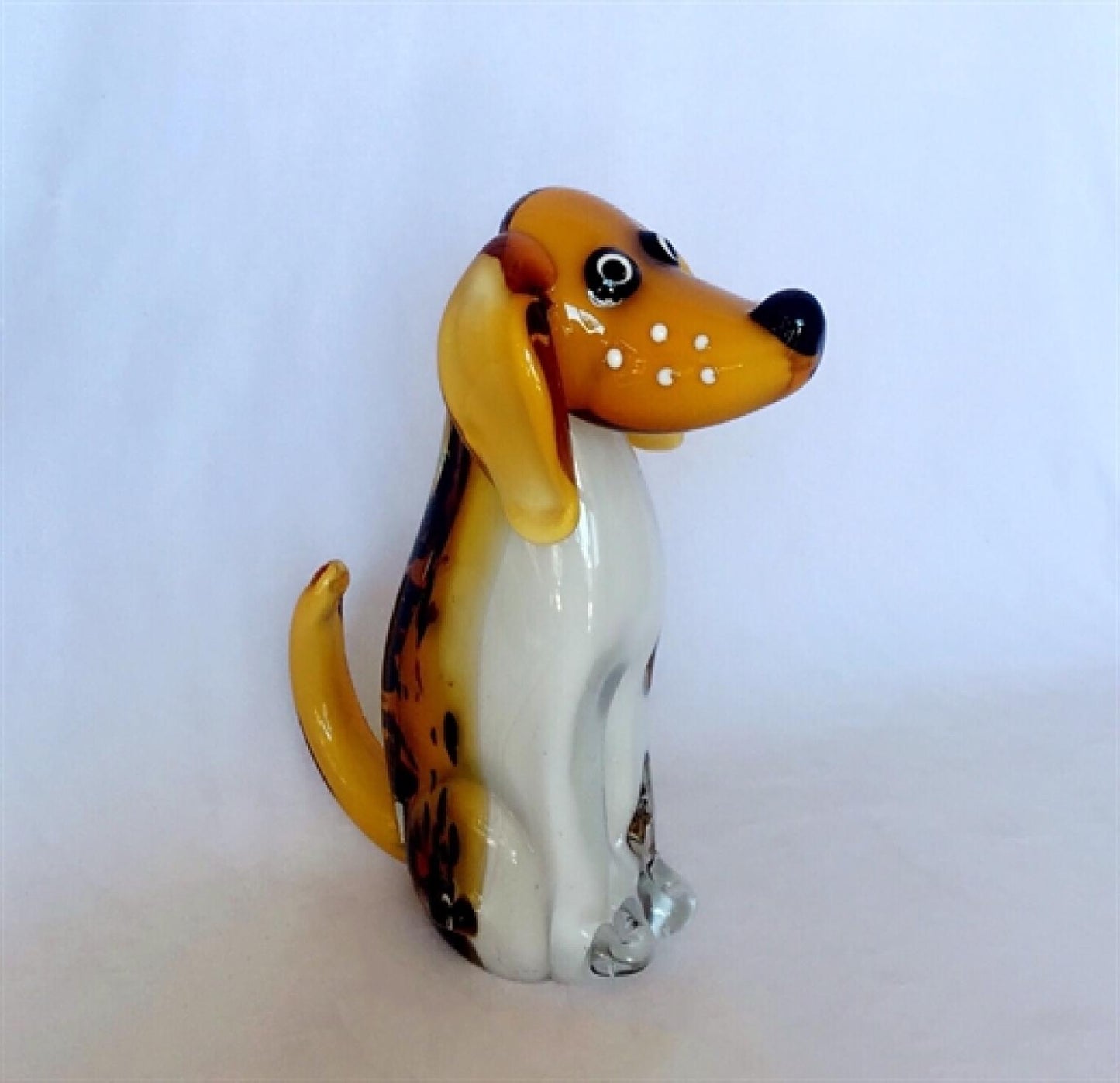 Brown And White Sitting Glass Dog Figurine