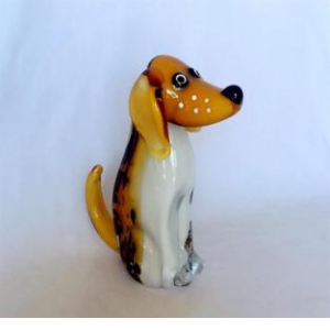 Brown And White Sitting Glass Dog Figurine