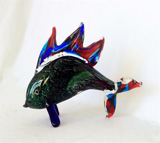 Green With Red And Blue Tail And Fins Glass Fish Figurine