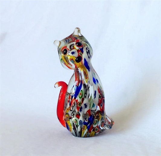 Colorful Cat With Red Tail Sitting Cat Glass Figurine