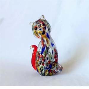 Colorful Cat With Red Tail Sitting Cat Glass Figurine