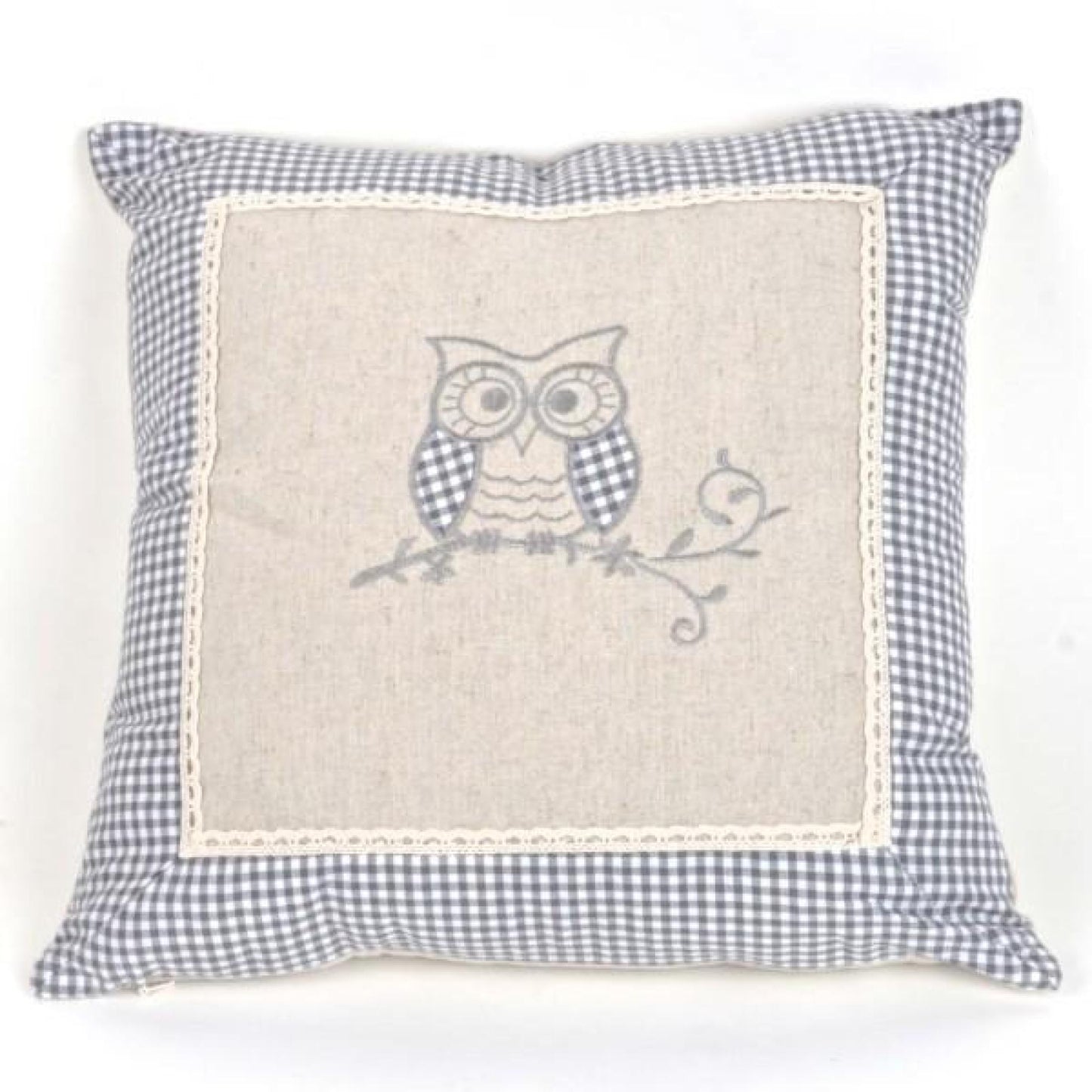 Beige With Blue And White Check Accents And Owl Cushion Cover