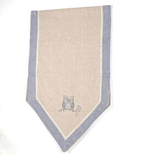 Linen With Checks And Owl Pattern And Tassel Ends Table Runner