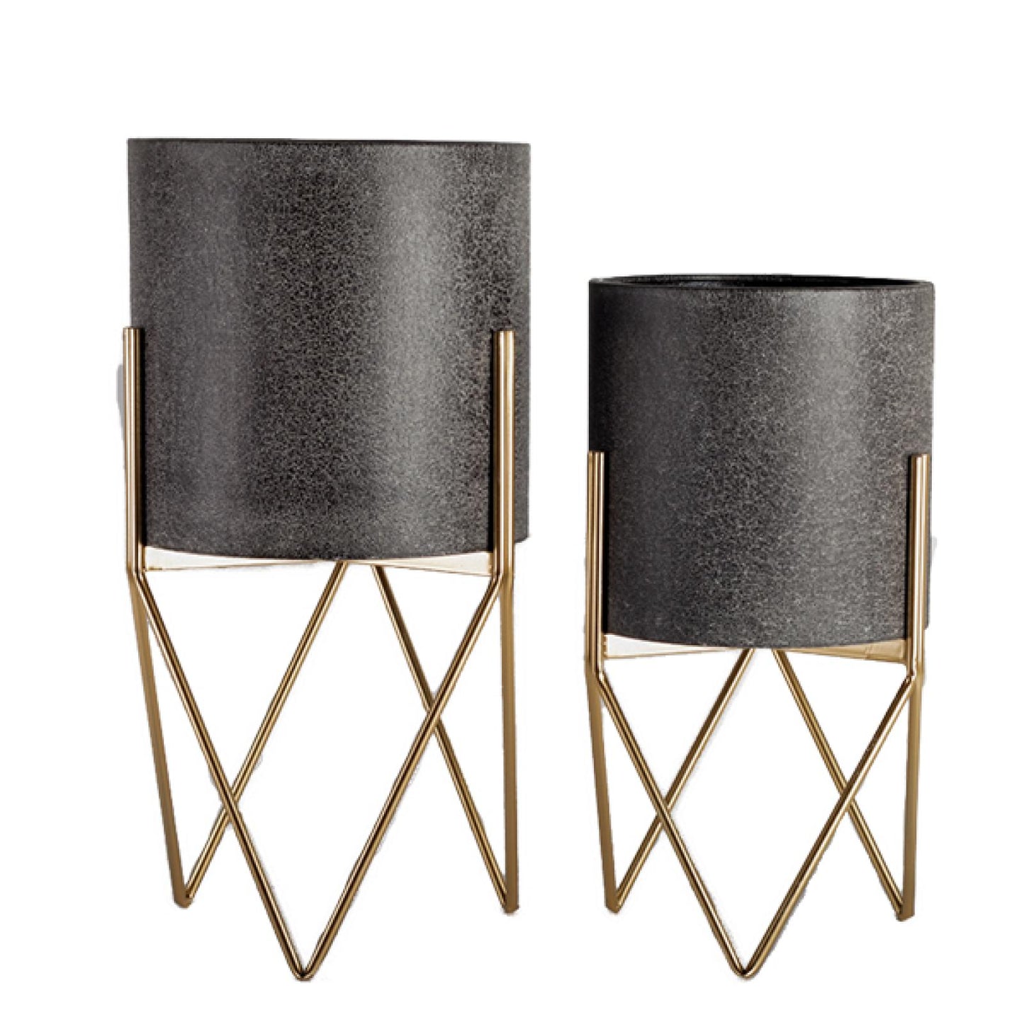 Set Of 2 Metal Pots On Gold Legs Plant Stand