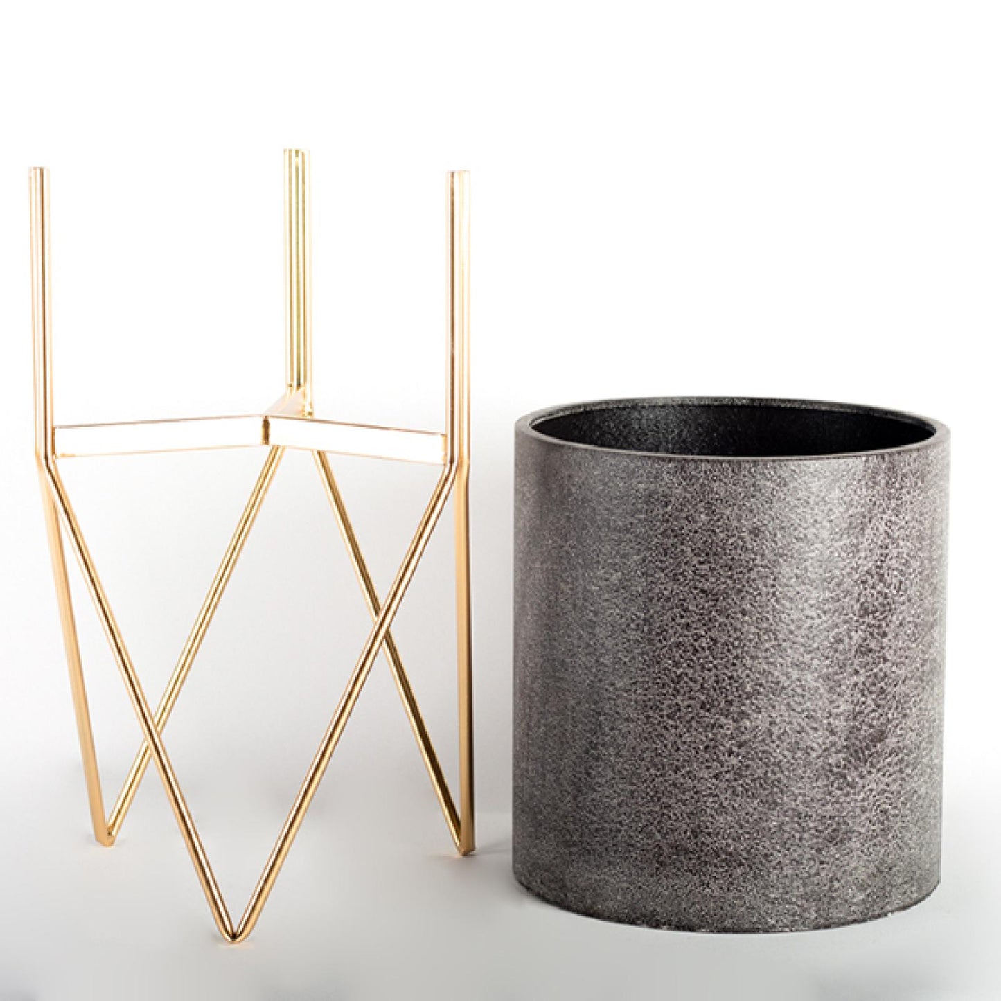 Set Of 2 Metal Pots On Gold Legs Plant Stand