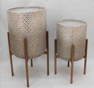 Set Of 2 Antique White With Gold Diamond And Dot Pattern On Metal Legs Plant Stand