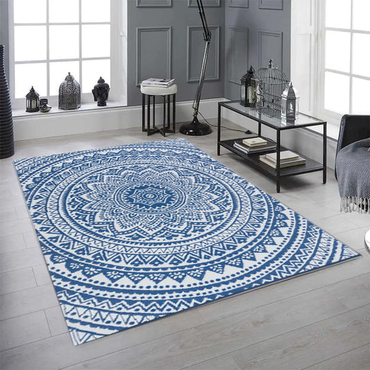 Fiesta Reversible Outdoor Plastic In White And Blue Pattern Rug