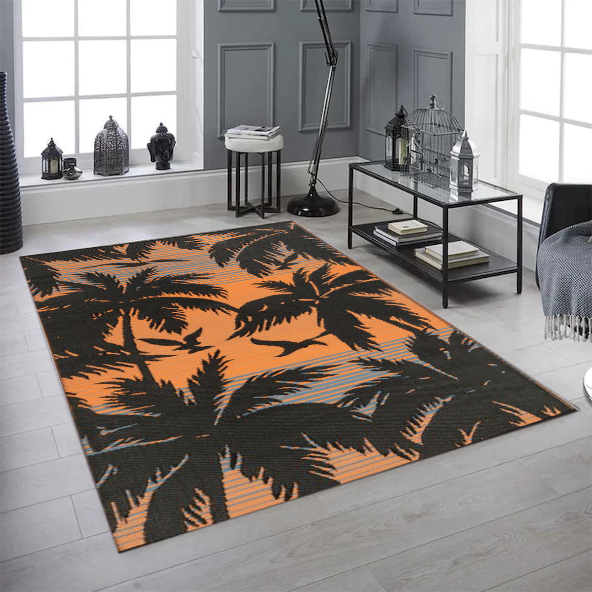 Fiesta Reversible Outdoor Plastic Palm Trees And Sunset Pattern Rug