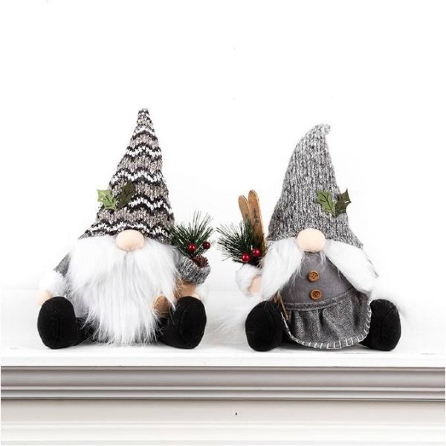 Set Of 2 Assorted Gray And White Fabric Sitting Gnomes Christmas Decor