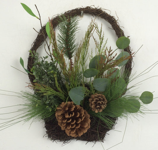 Hanging Basket With Mixed Greens & Pinecones Wall Decor