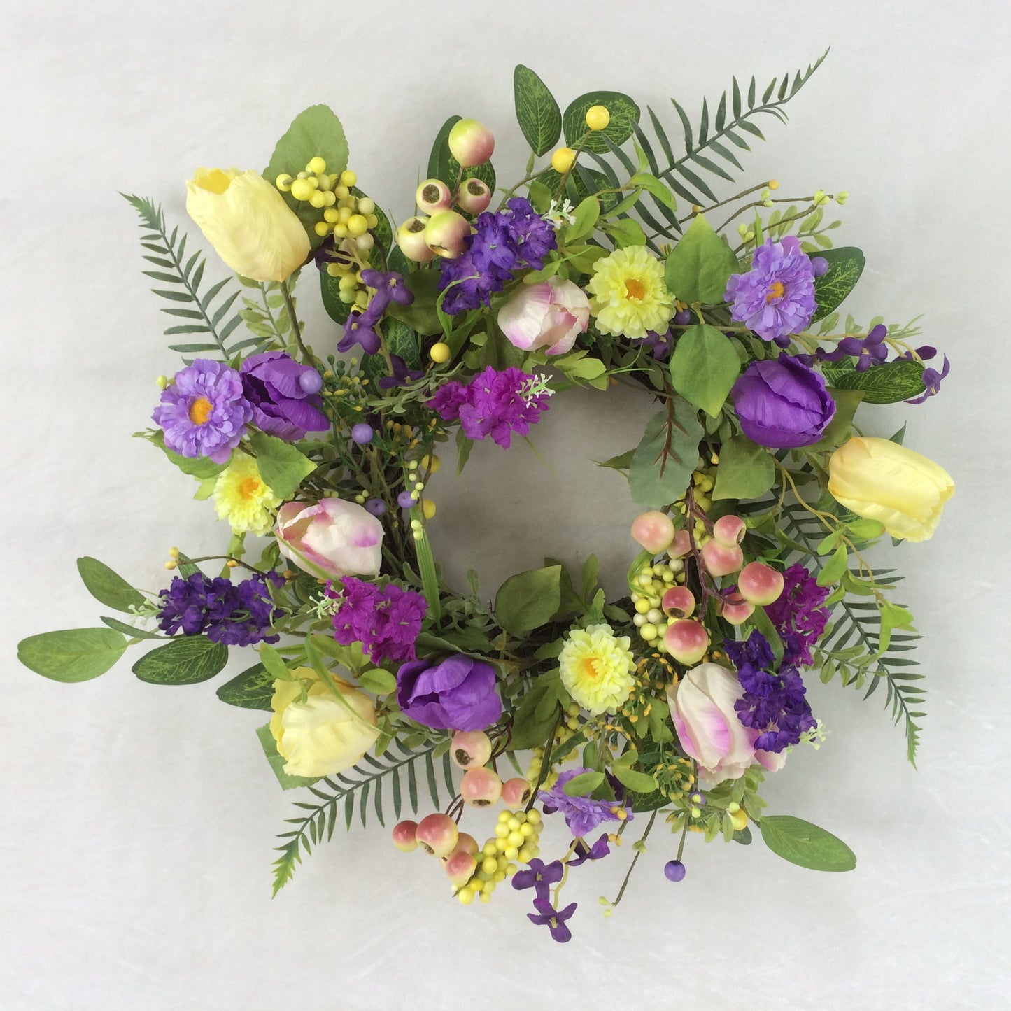 Purple And Yellow Flowers With Greenery Wreath