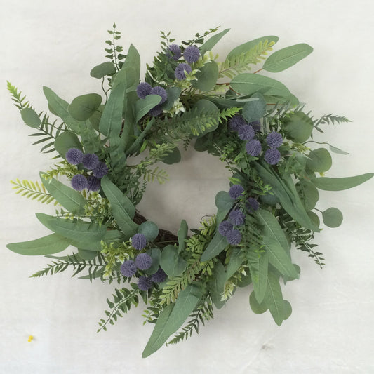 22"D Greenery With Purple Ball Flowers Wreath