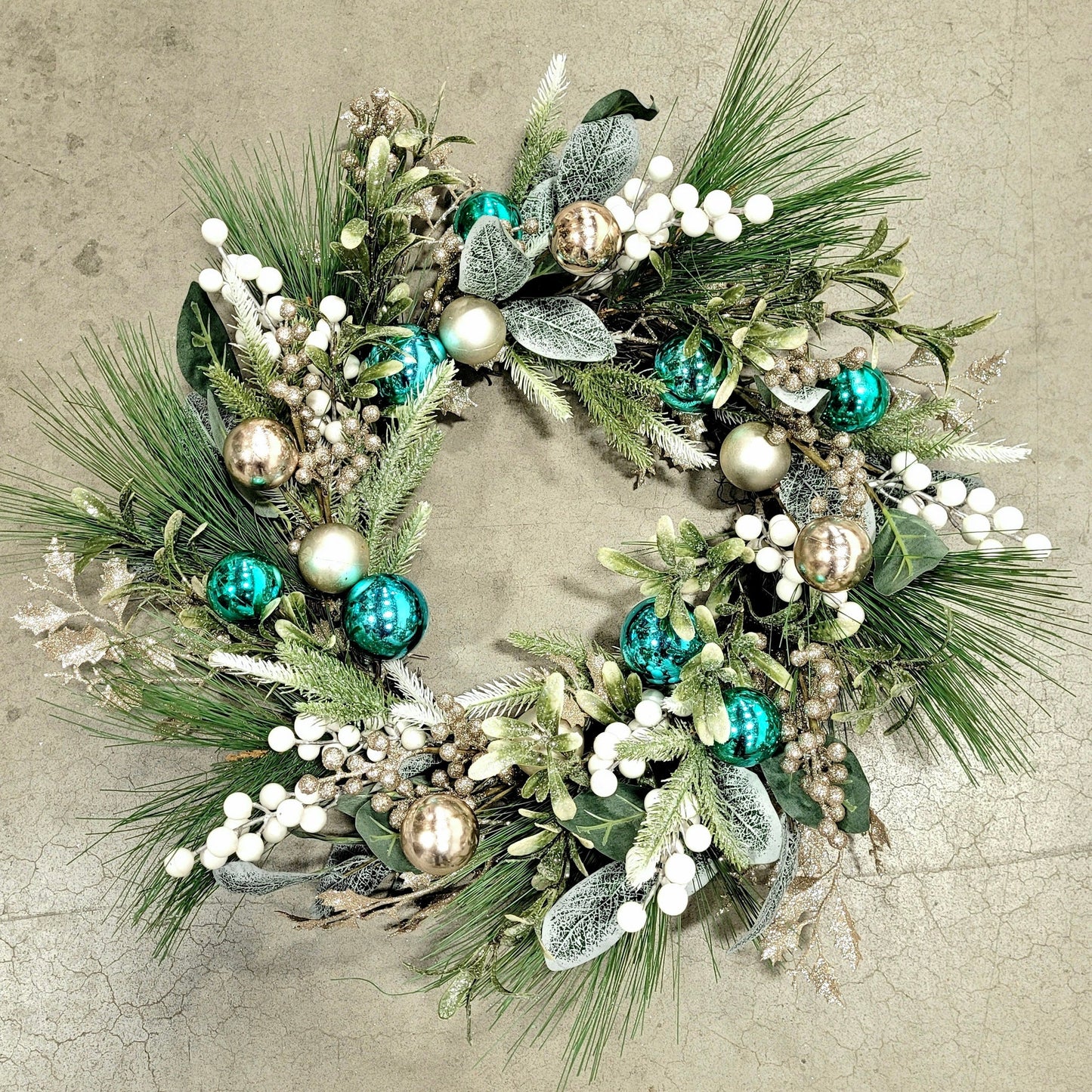 Greens,White Berries And Christmas Balls Wreath