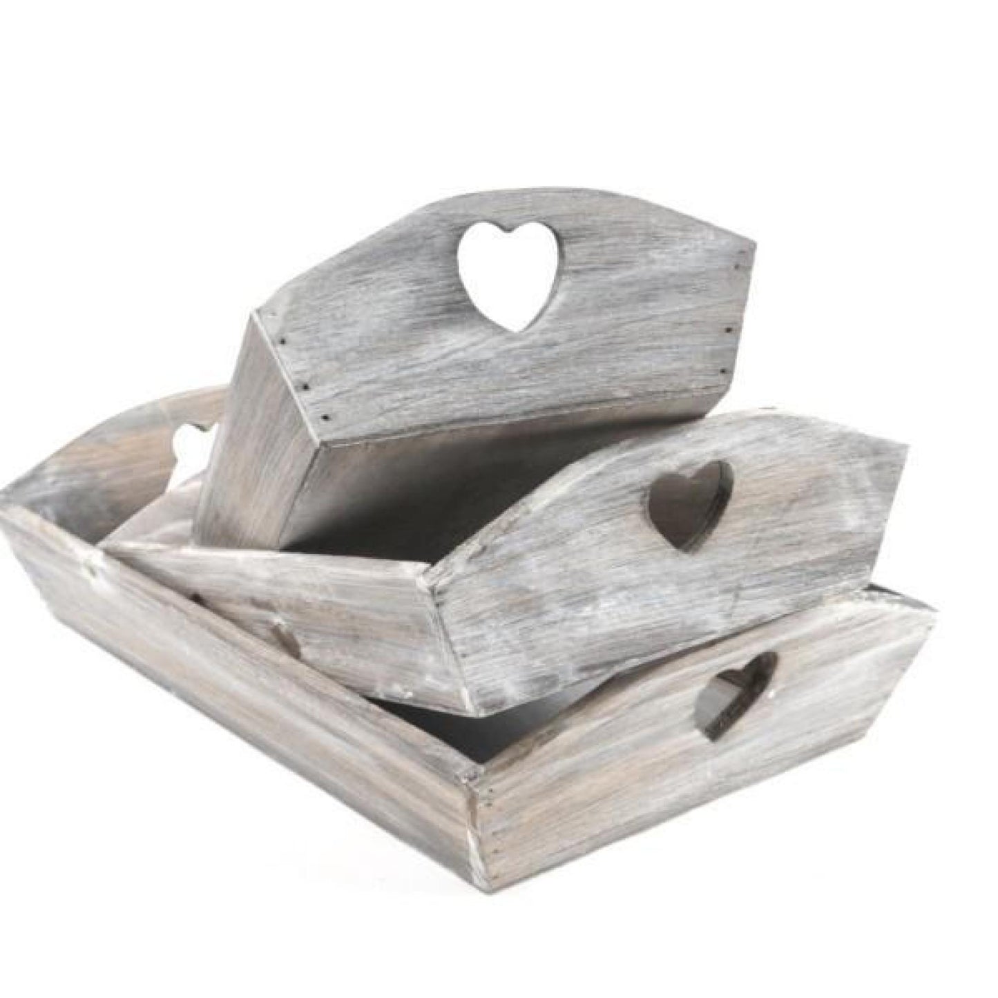 Set Of 3 Washed White With Cut Out Heart Handles Trays