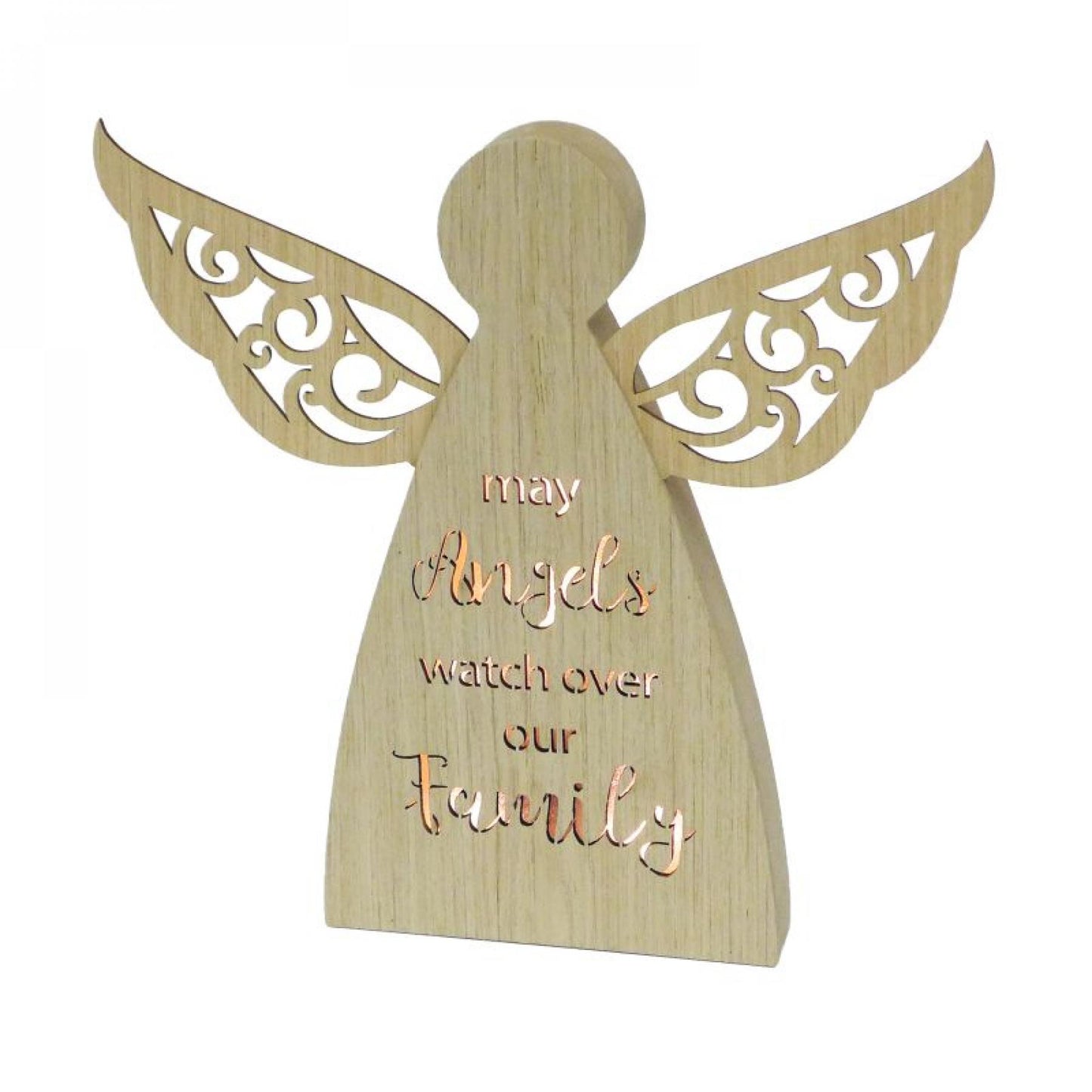 Led Lit Winged Angel With Text - May Angels Watch Over Our Family Block Sign