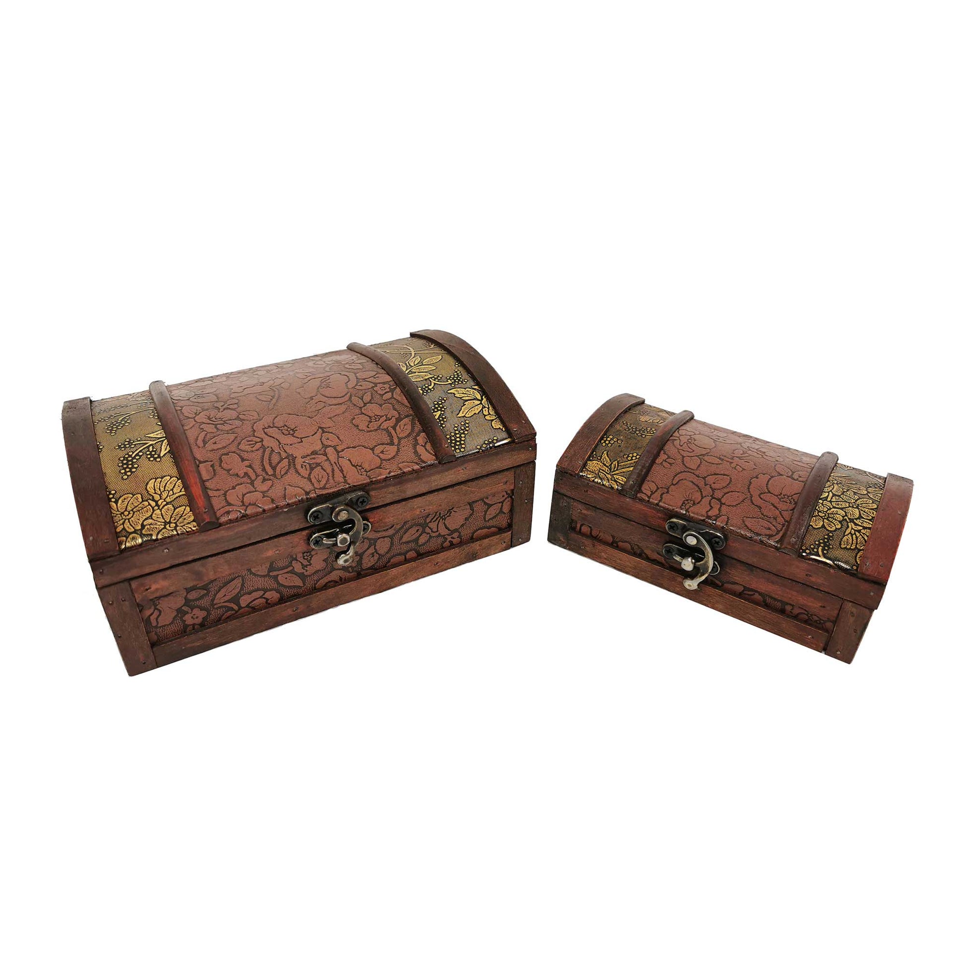 Set Of 2 Wood With Faux Leather And Metal Accents Decorative Boxes