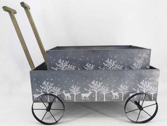 Set Of 2 Metal Wagons With White Deer And Trees Pattern Planters