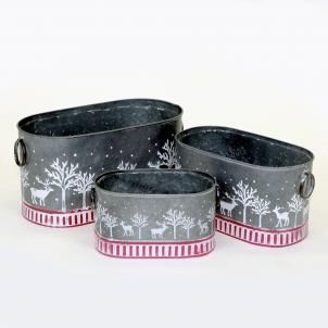 Set Of 3 Silver Handled With Red & White Trim And Deer And Trees Planters