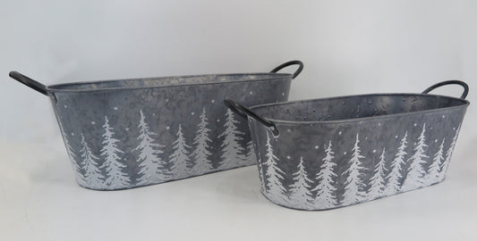 Set Of 2 White Trees On Silver Handled Planters