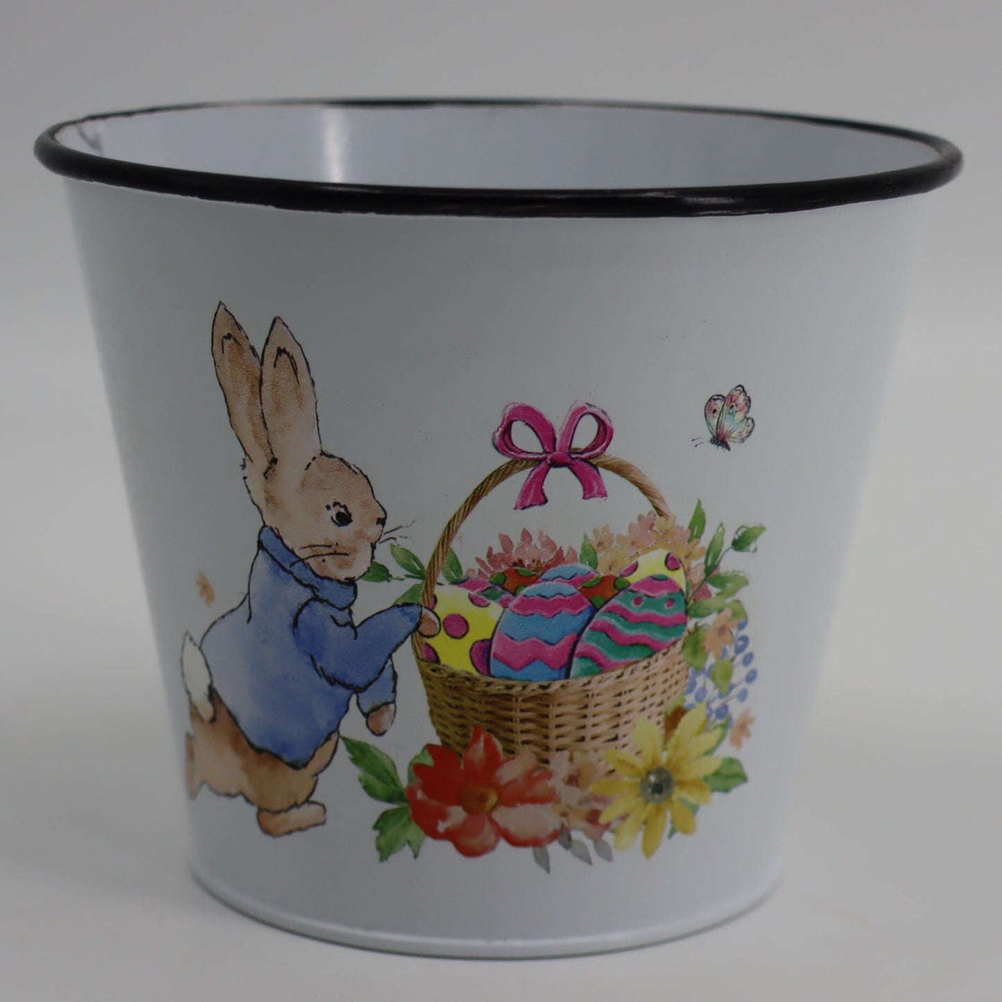 Easter Bunny And Basket Of Eggs Decal On White Metal Planter