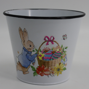 Easter Bunny And Basket Of Eggs Decal On White Metal Planter