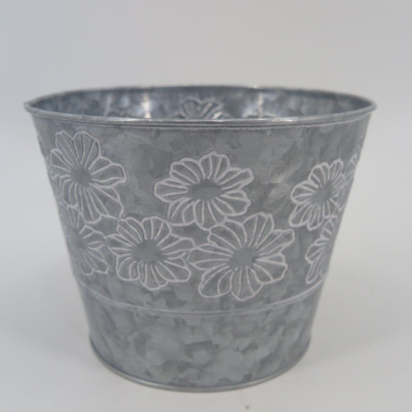 White Daisies On Metal Bucket Shaped Planter