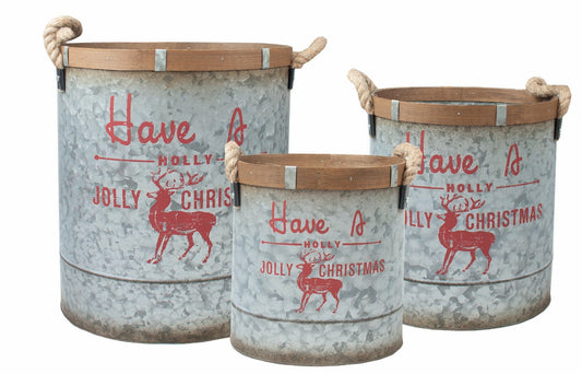 Set Of 3 Have A Holly Jolly Christmas With Red Reindeer Decal Handled Bucket