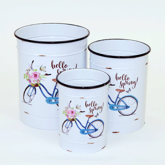 Set Of 3 White With Hello Spring And Blue Bike Design Bucket