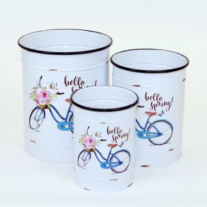 Set Of 3 White With Hello Spring And Blue Bike Design Bucket