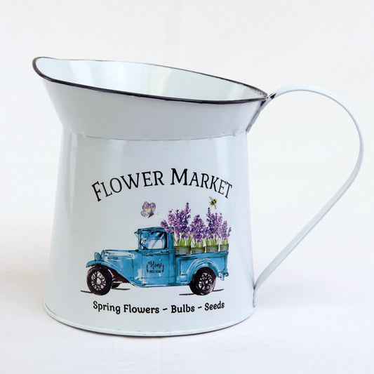 Blue Pick Up With Flowers Design And Text Watering Can