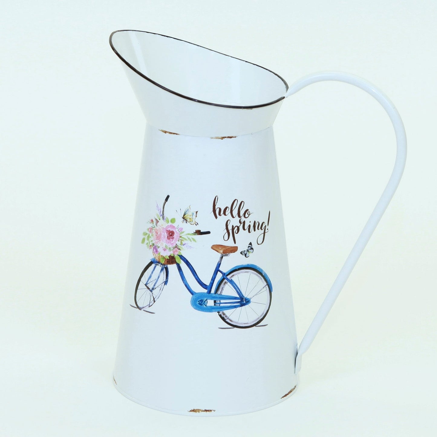 Hello Spring Blue Bike With Flowers On A Metal Pitcher