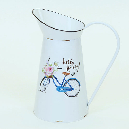 Hello Spring Blue Bike With Flowers On A Metal Pitcher