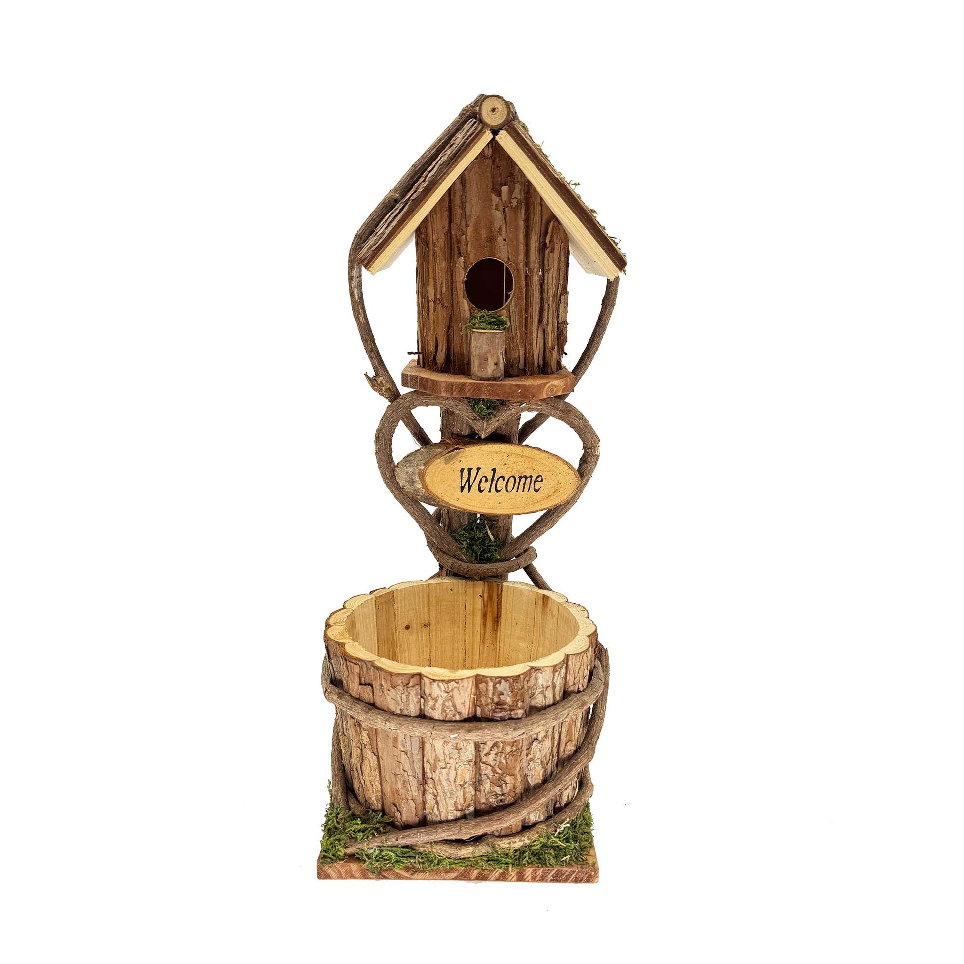 Welcome Sign On A Birdhouse With A Barrel Shape Planter